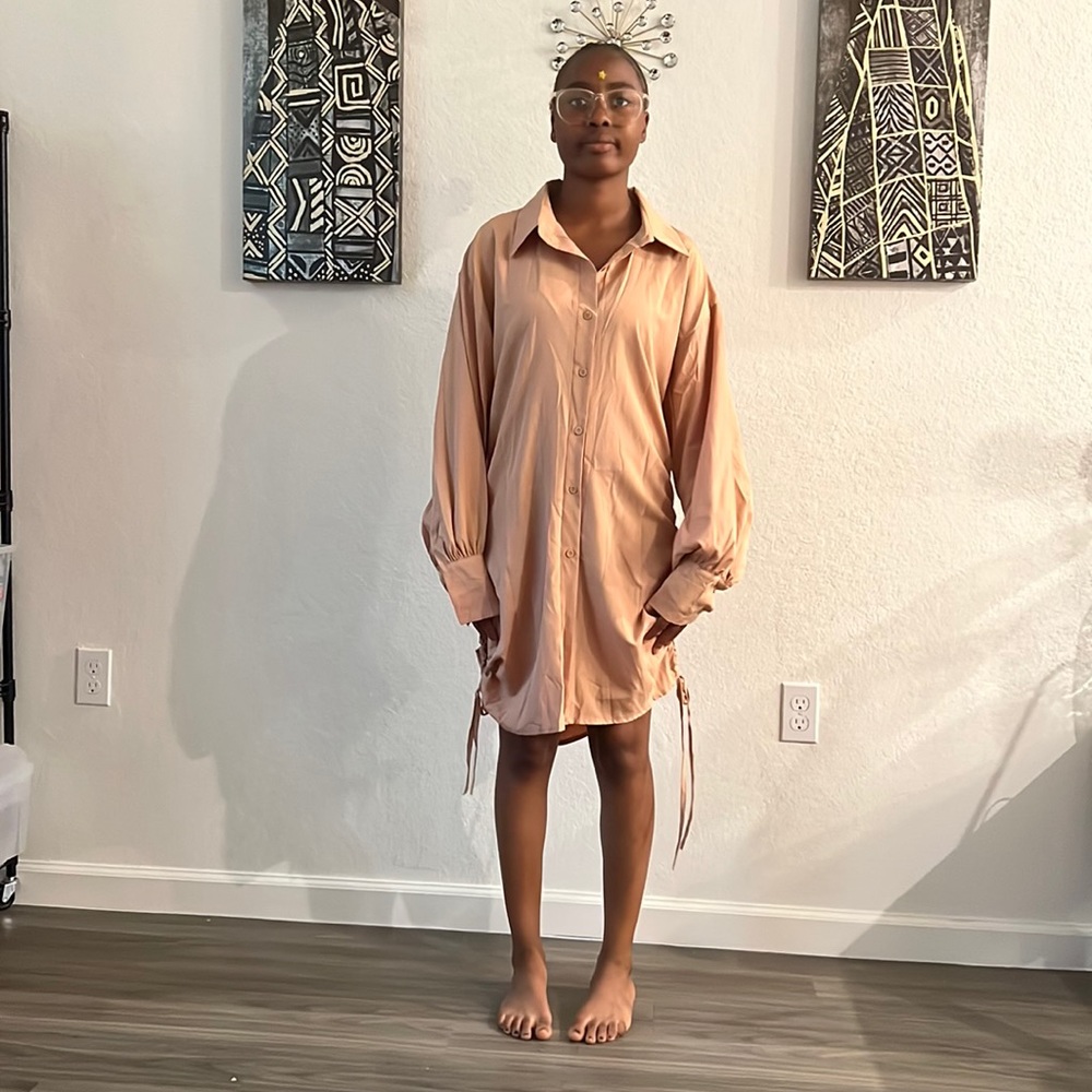 Tan Around Knee Length Button Down Shirt Dress New M